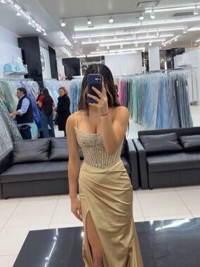 Custom Gold champagne Sparkly prom dress with straps